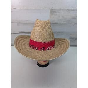 Straw Cowboy Hat Western Style Wide Brim Red Bandana Trim Hat Made Mexico Mens
